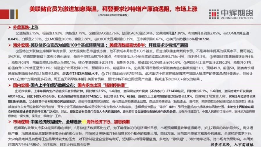 中辉期货：7月18日宏观早报