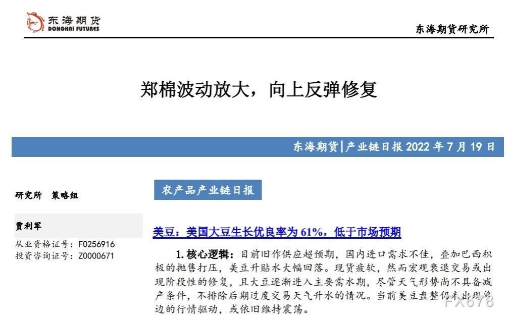 【东海期货7月19日产业链日报】农产品篇:郑棉波动放大,向上反弹修复