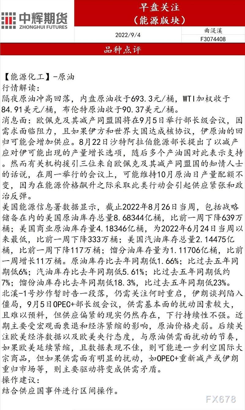 中辉期货能源早盘关注:建议区间操作