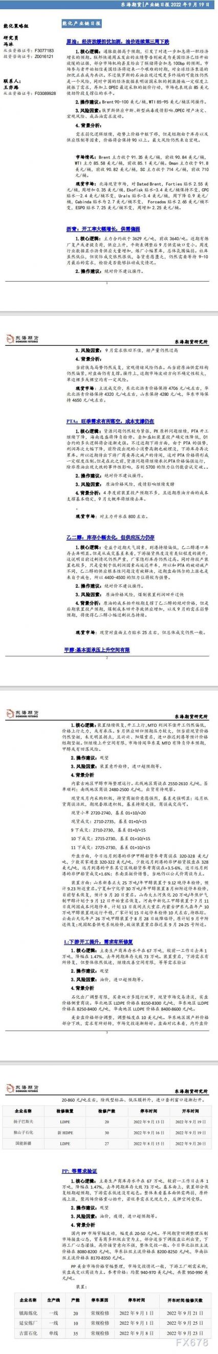 【东海期货9月19日产业链日报】能化篇:经济放缓担忧加剧,油价连续第三周下跌