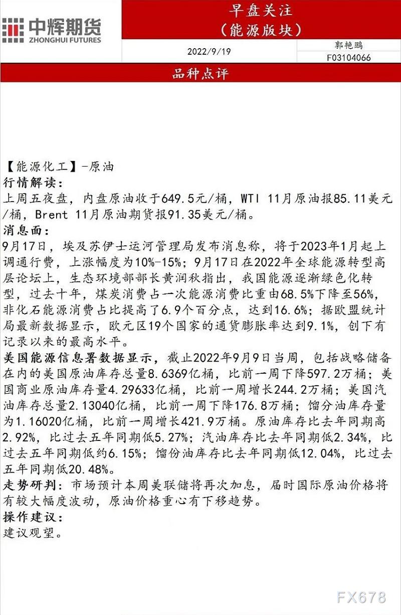 中辉期货能源早盘关注：原油价格重心有下移趋势，建议观望