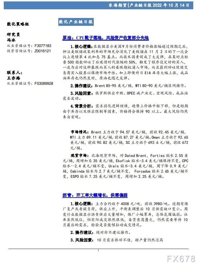 【东海期货10月14日产业链日报】能化篇：CPI靴子落地，风险资产收复部分失地