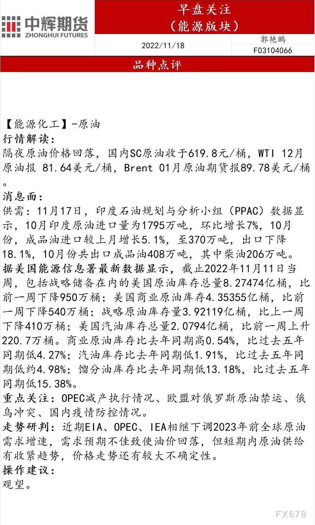 中辉期货能源早盘关注：走势还有较大不确定性，建议观望