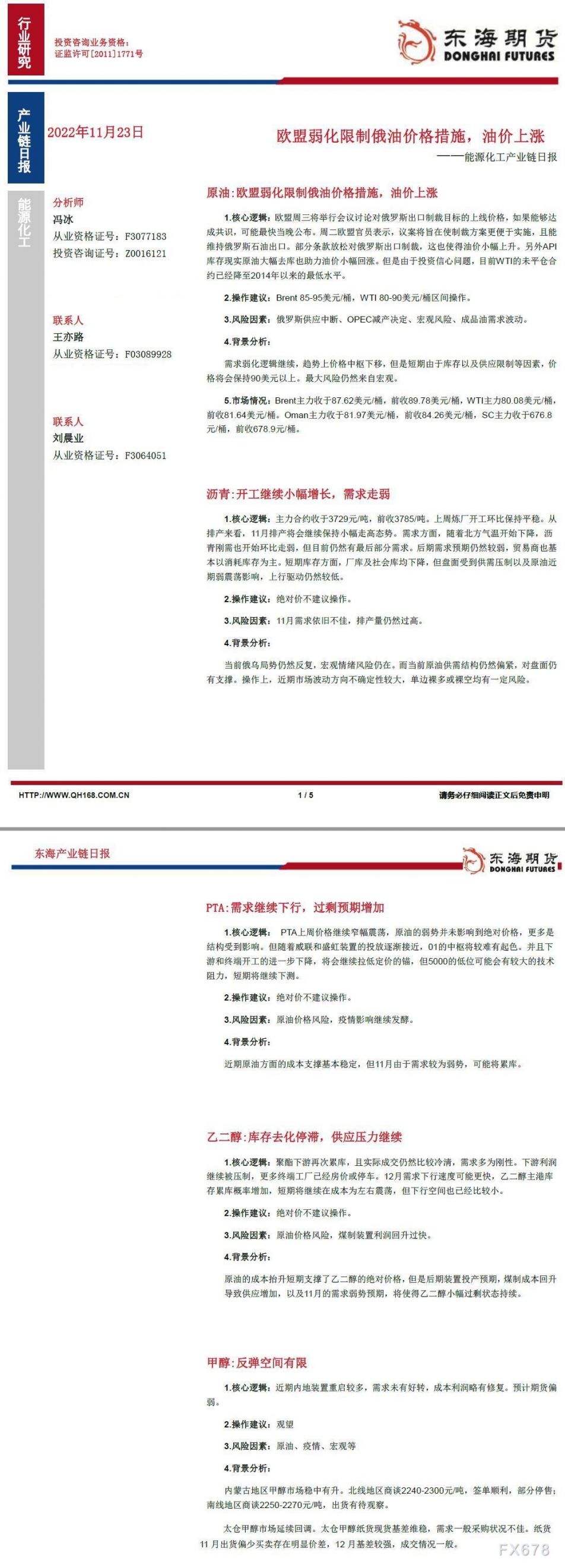 【东海期货11月23日产业链日报】能化篇：欧盟弱化限制俄油价格措施，油价上涨