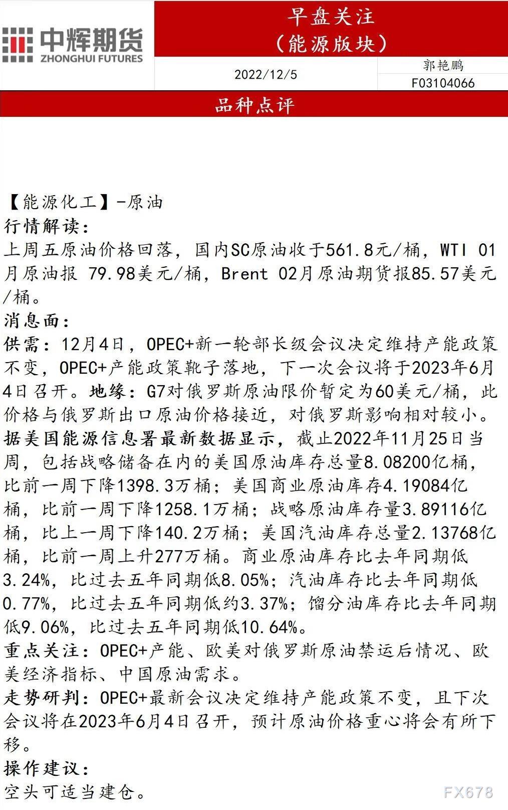 中辉期货能源早盘关注:原油价格重心将会有所下移,空头可适当建仓