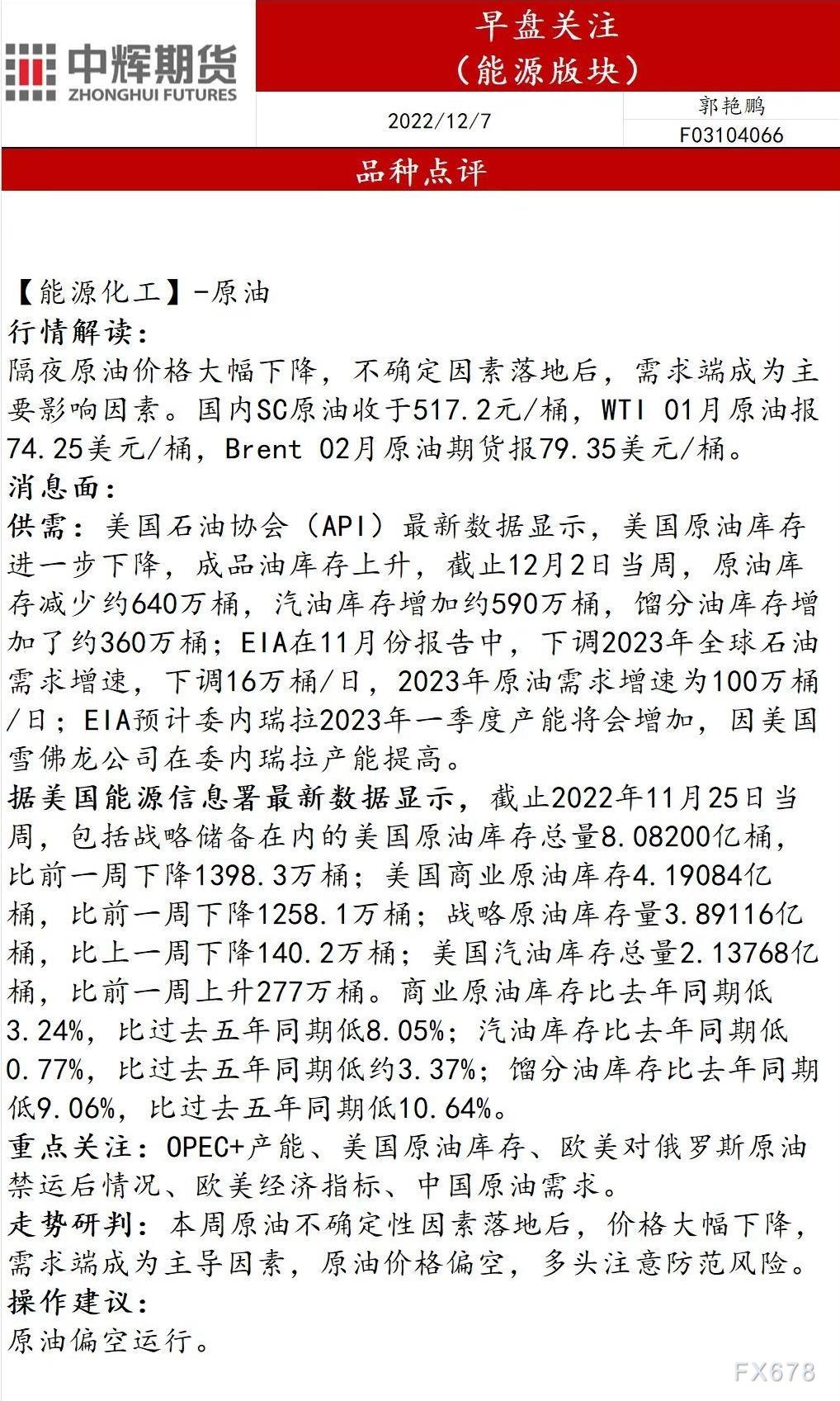 中辉期货能源早盘关注:原油价格偏空,多头注意防范风险