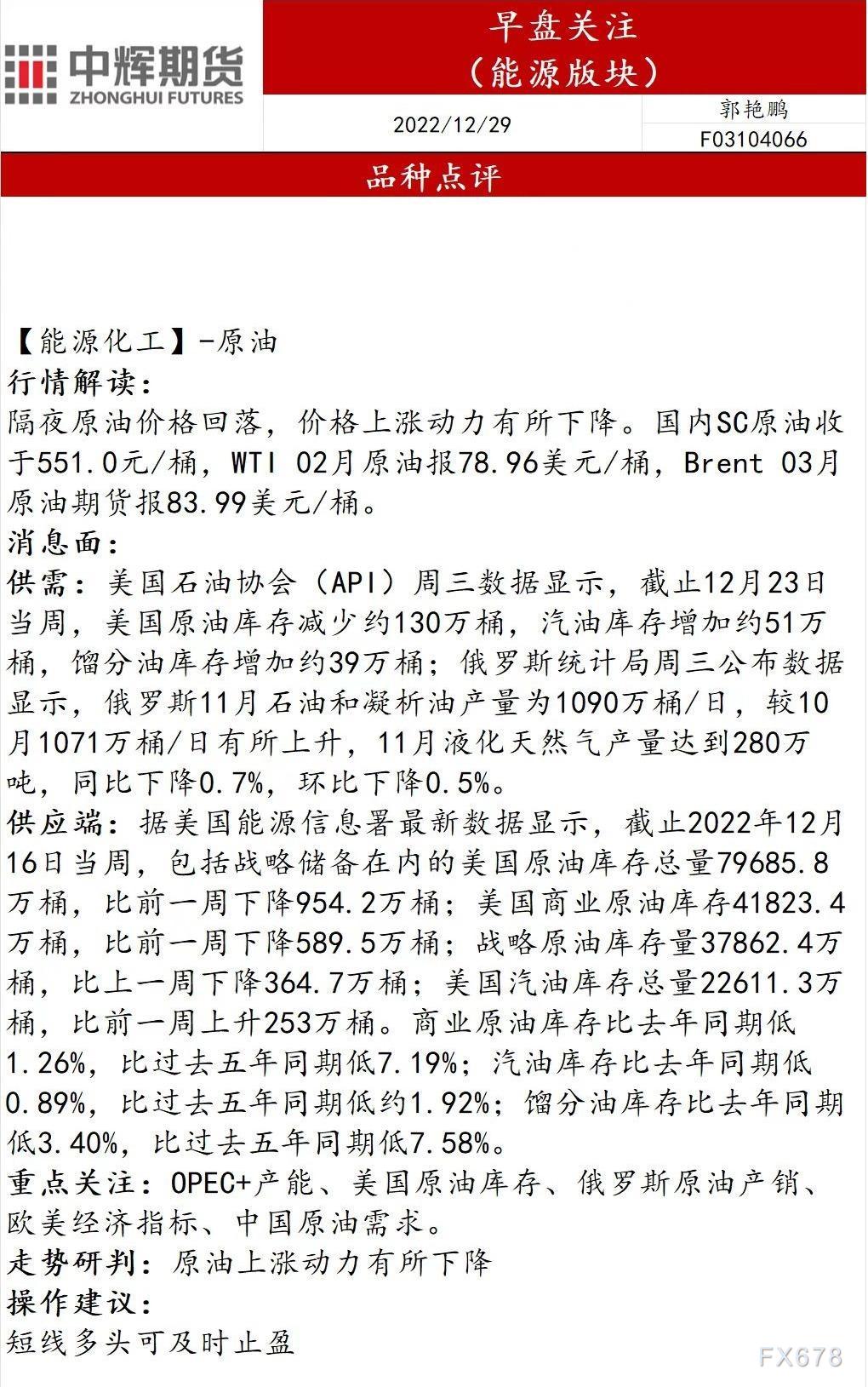 中辉期货能源早盘关注：原油上涨动力有所下降，建议短线多头可及时止盈