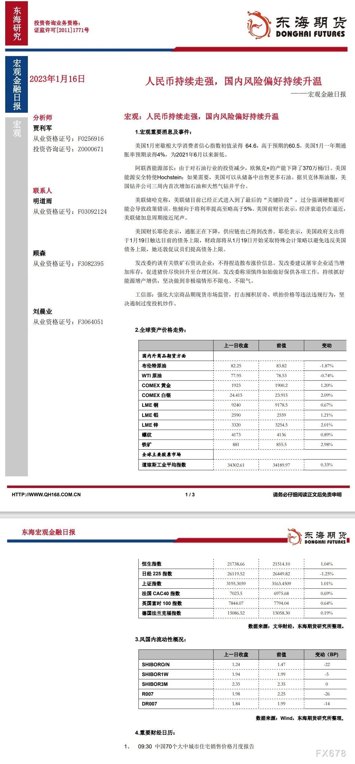 【东海期货1月16日宏观金融日报】:人民币持续走强,国内风险偏好持续升温