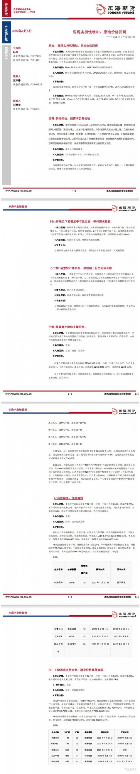 【东海期货2月6日产业链日报】能化篇:弱现实担忧增加,原油价格回调