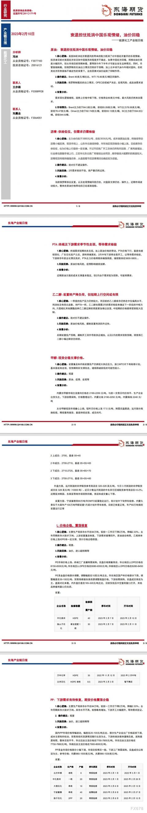 【东海期货2月10日产业链日报】能化篇：衰退担忧抵消中国乐观情绪，油价回稳