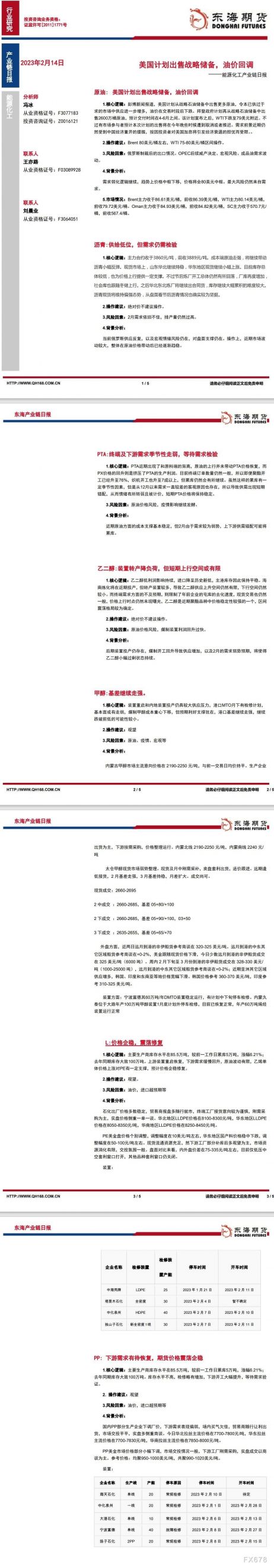 【东海期货2月14日产业链日报】能化篇:美国计划出售战略储备,油价回调