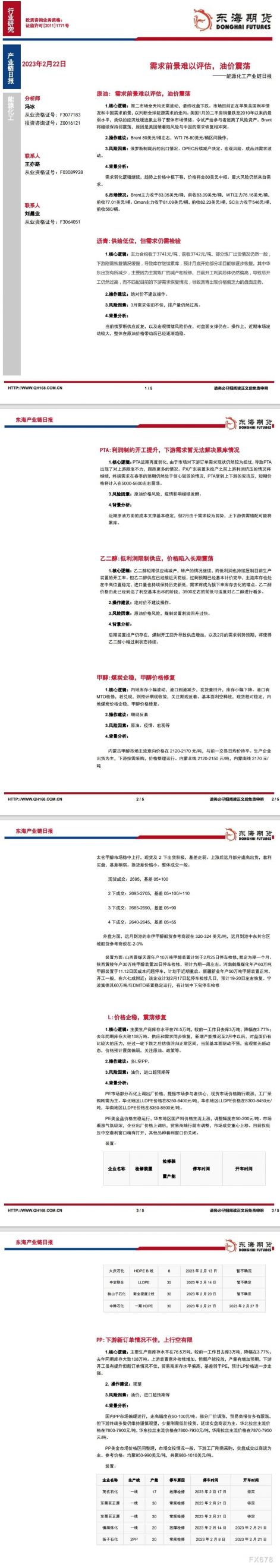 【东海期货2月22日产业链日报】能化篇:需求前景难以评估,油价震荡