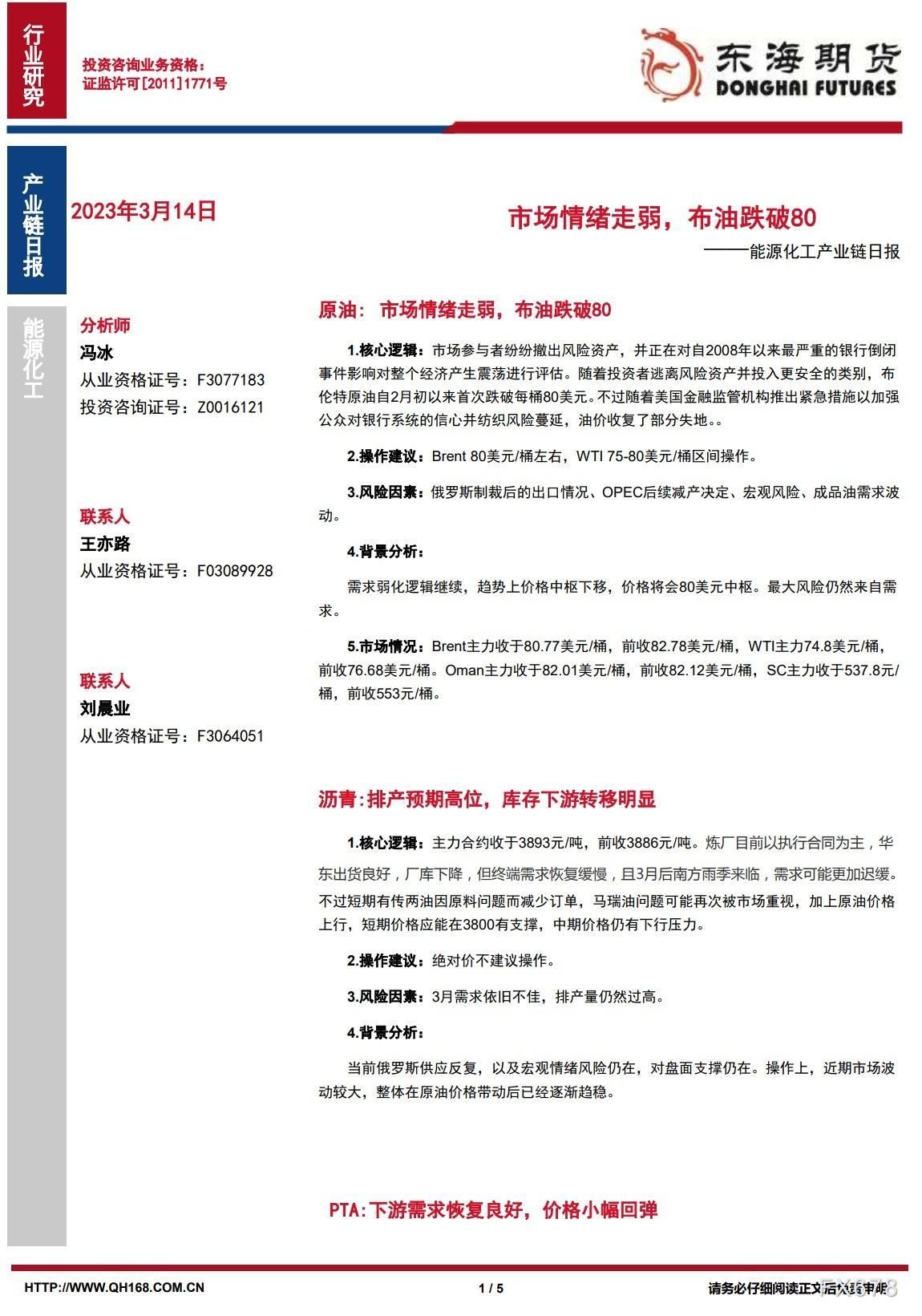 【东海期货3月14日产业链日报】能化篇：市场情绪走弱，布油跌破80