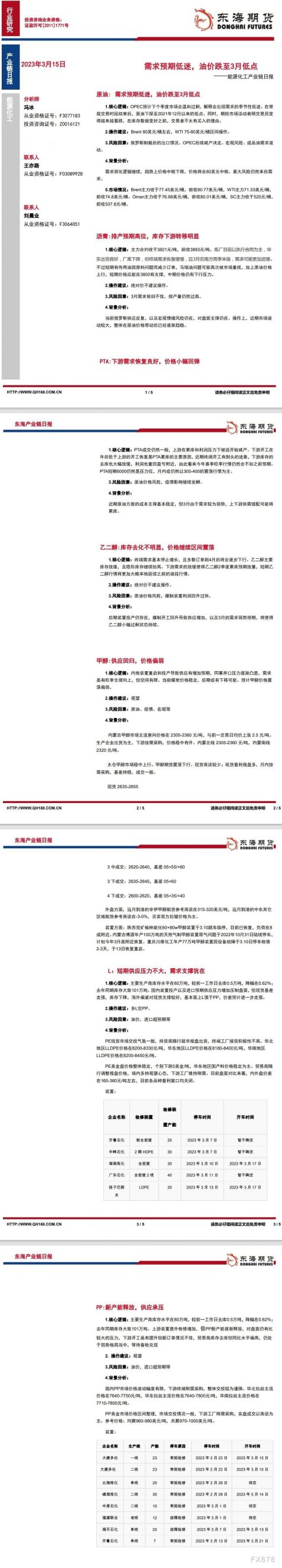 【东海期货3月15日产业链日报】能化篇:需求预期低迷,油价跌至3月低点