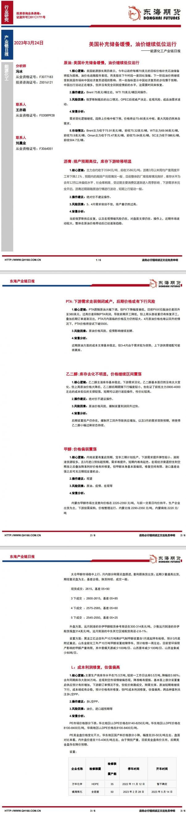 【东海期货3月24日产业链日报】能化篇:美国补充储备缓慢,油价继续低位运行