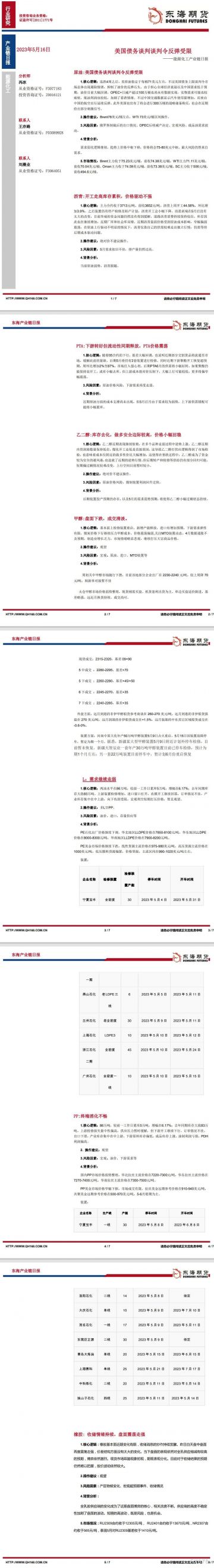 【东海期货5月16日产业链日报】能化篇:美国债务谈判谈判令反弹受限