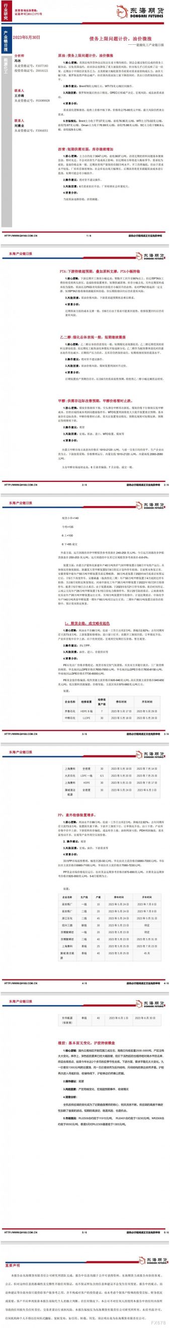 【东海期货5月30日产业链日报】能化篇:债务上限问题计价,油价微涨
