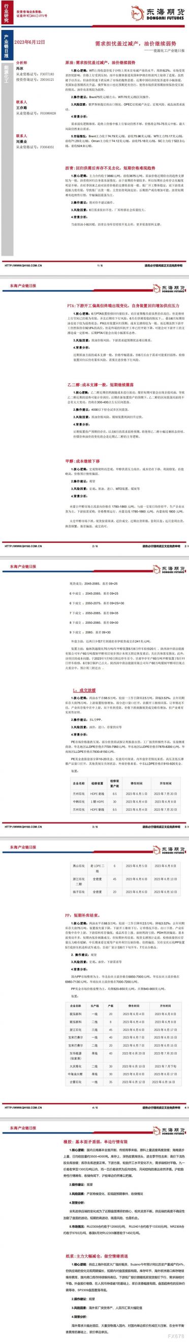 【东海期货6月12日产业链日报】能化篇:需求担忧盖过减产,油价继续弱势