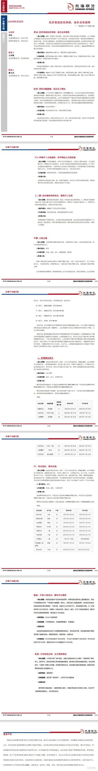 【东海期货6月26日产业链日报】能化篇:经济衰退担忧持续,油价总体弱势