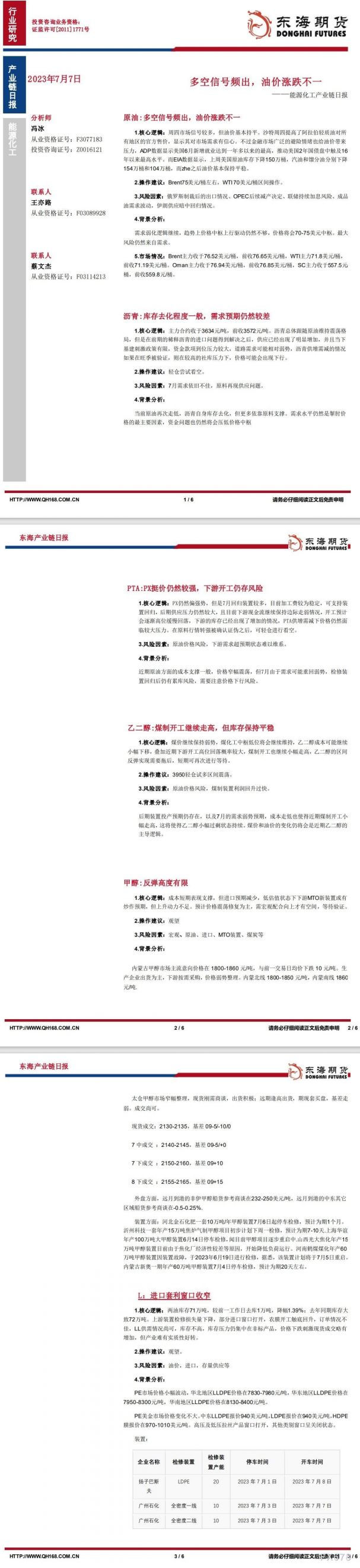 【东海期货7月7日产业链日报】能化篇:多空信号频出,油价涨跌不一
