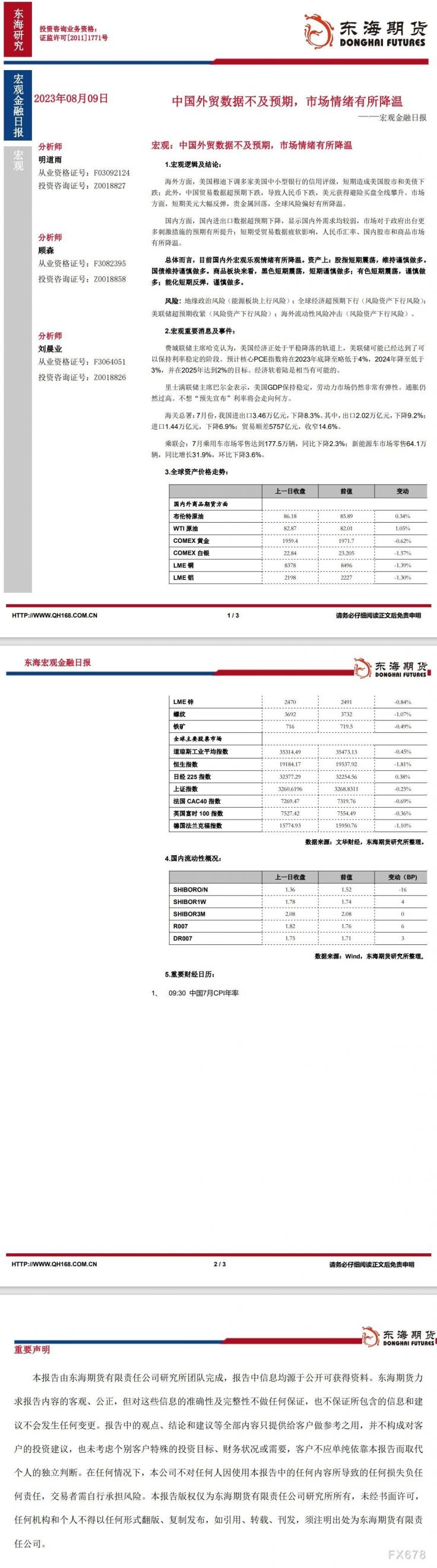 【东海期货8月9日宏观金融日报】:中国外贸数据不及预期,市场情绪有所降温