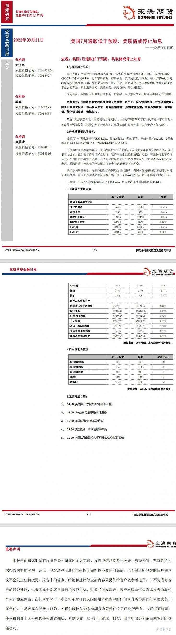 【东海期货8月11日宏观金融日报】:美国7月通胀低于预期,美联储或停止加息