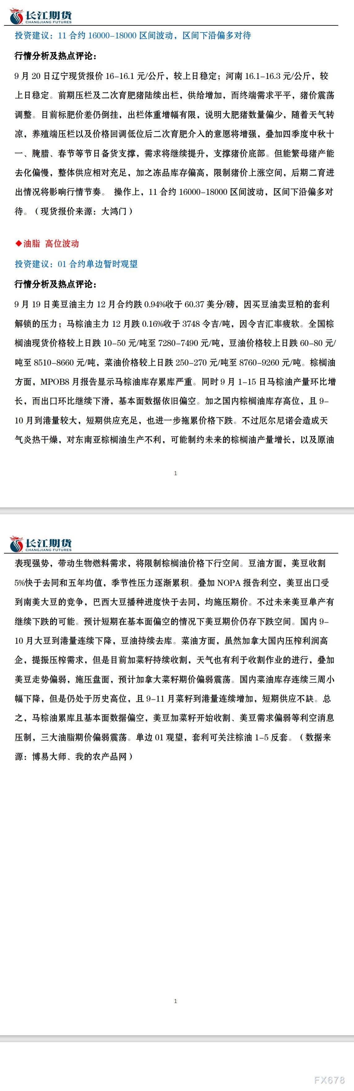 长江期货9月20日市场交易指引