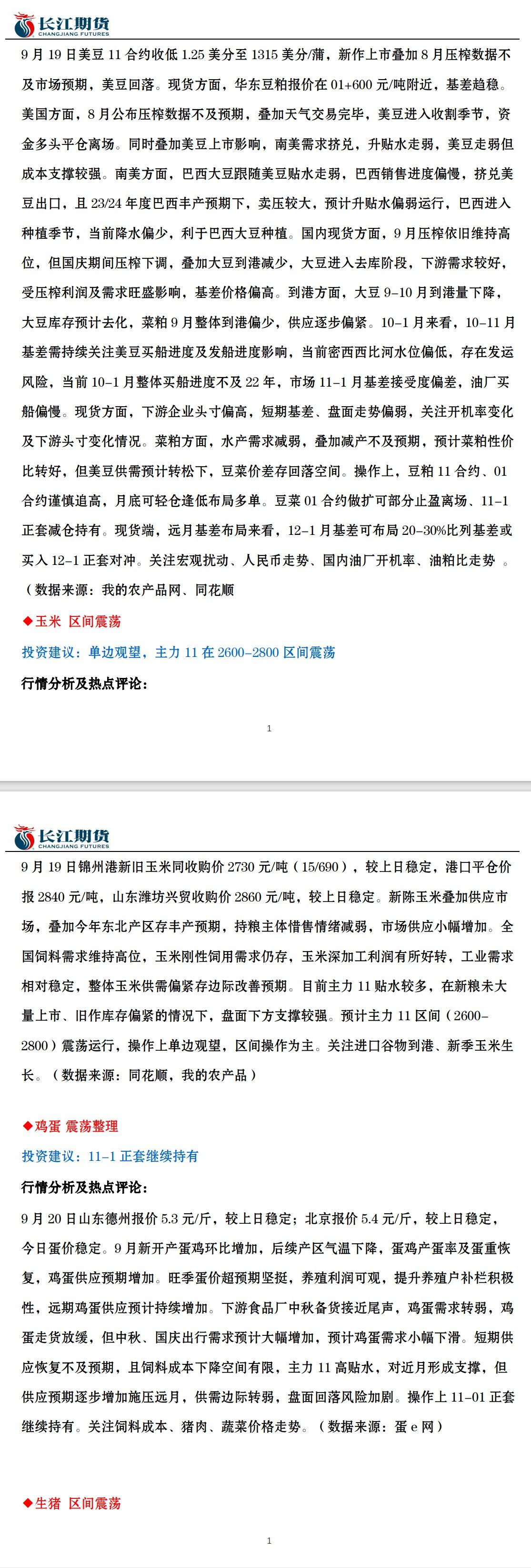 长江期货9月20日市场交易指引