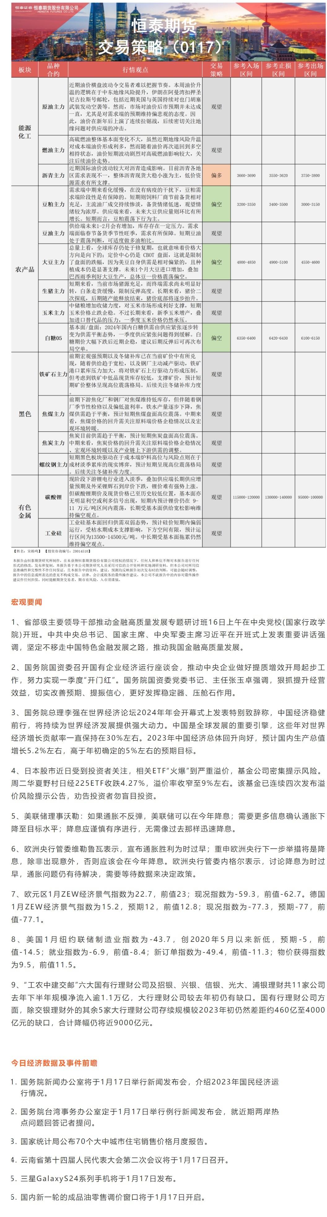 恒泰期货1月17日早盘交易策略