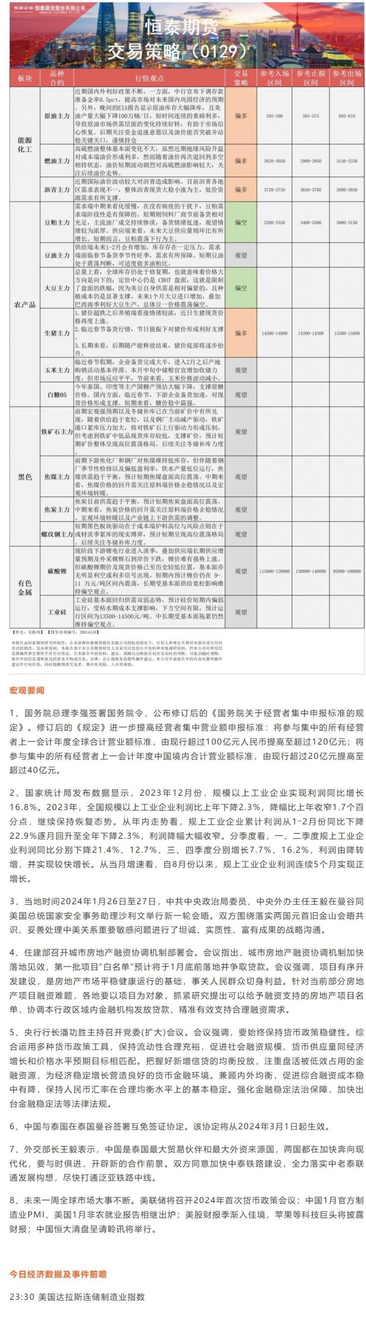恒泰期货1月29日早盘交易策略