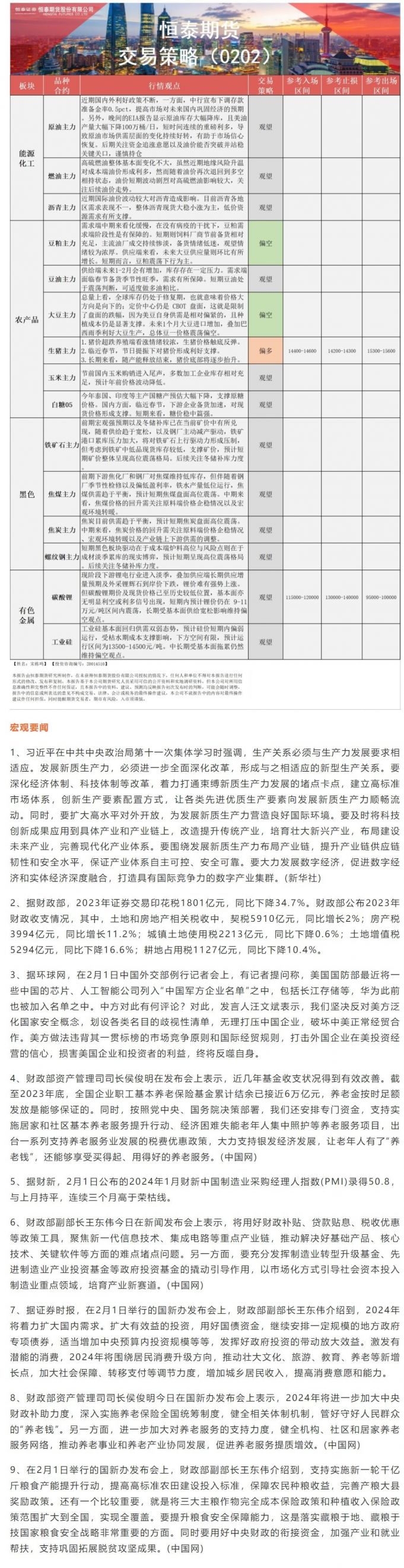 恒泰期货2月2日早盘交易策略