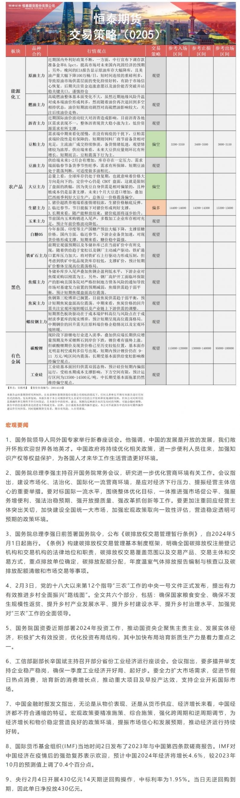 恒泰期货2月5日早盘交易策略