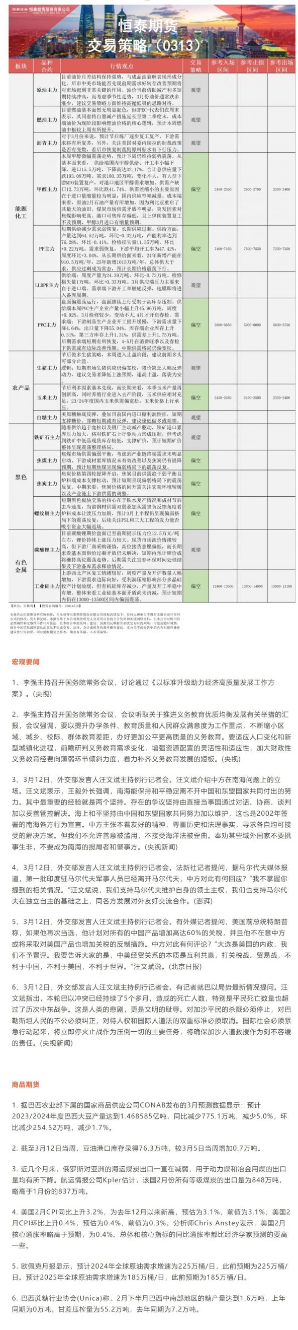 恒泰期货3月13日早盘交易策略