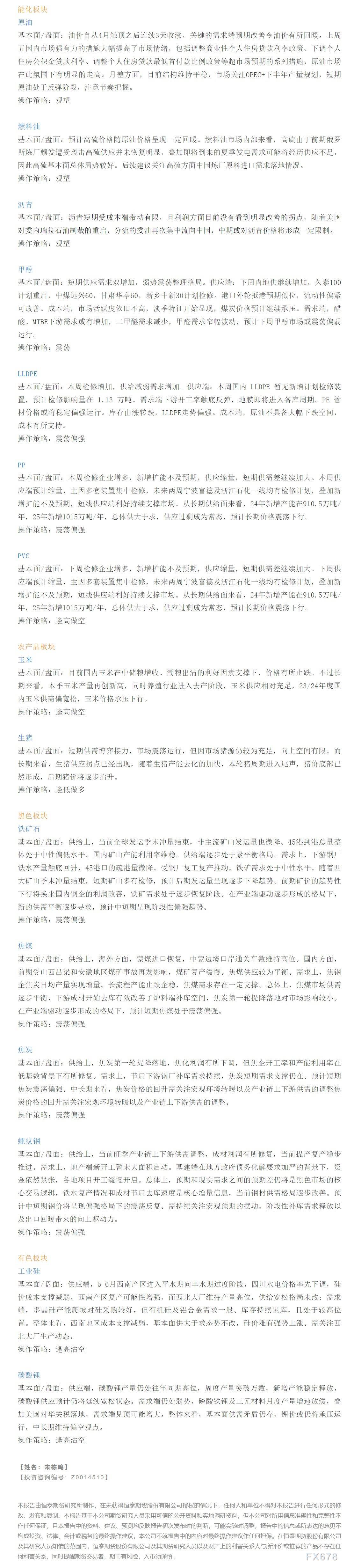 恒泰期货5月23日早间交易策略
