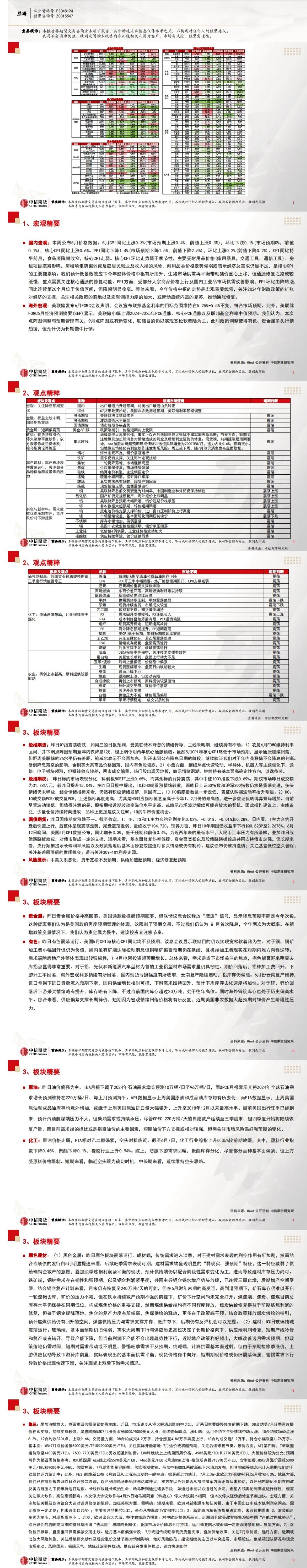中信期货6月14日晨报:议息会议显示美国仍将以实现软着陆为主,商品整体震荡运行,锰硅大幅下跌