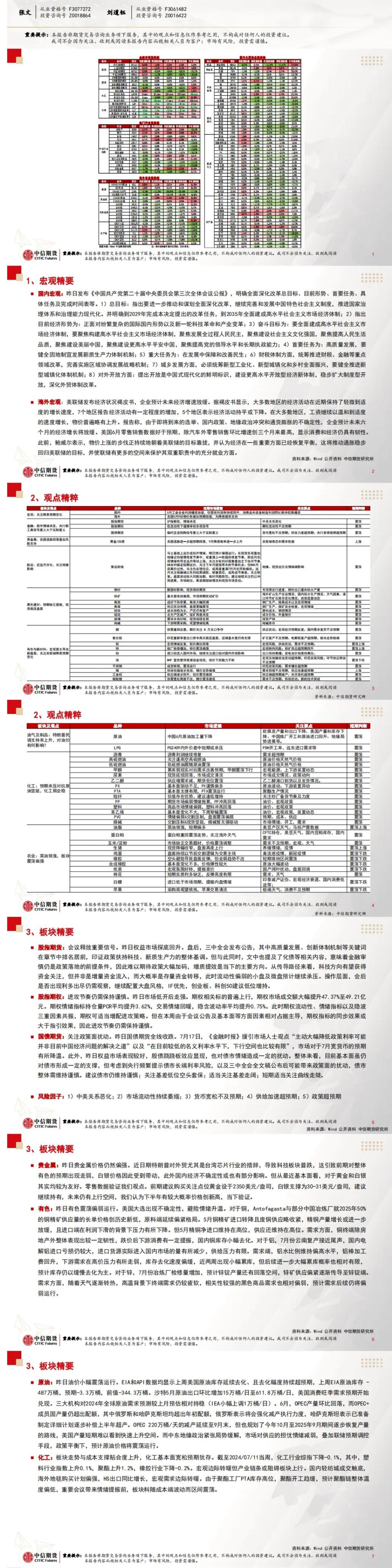 中信期货7月19日晨报:会议公报释放重要信号,商品夜盘开盘多数下跌