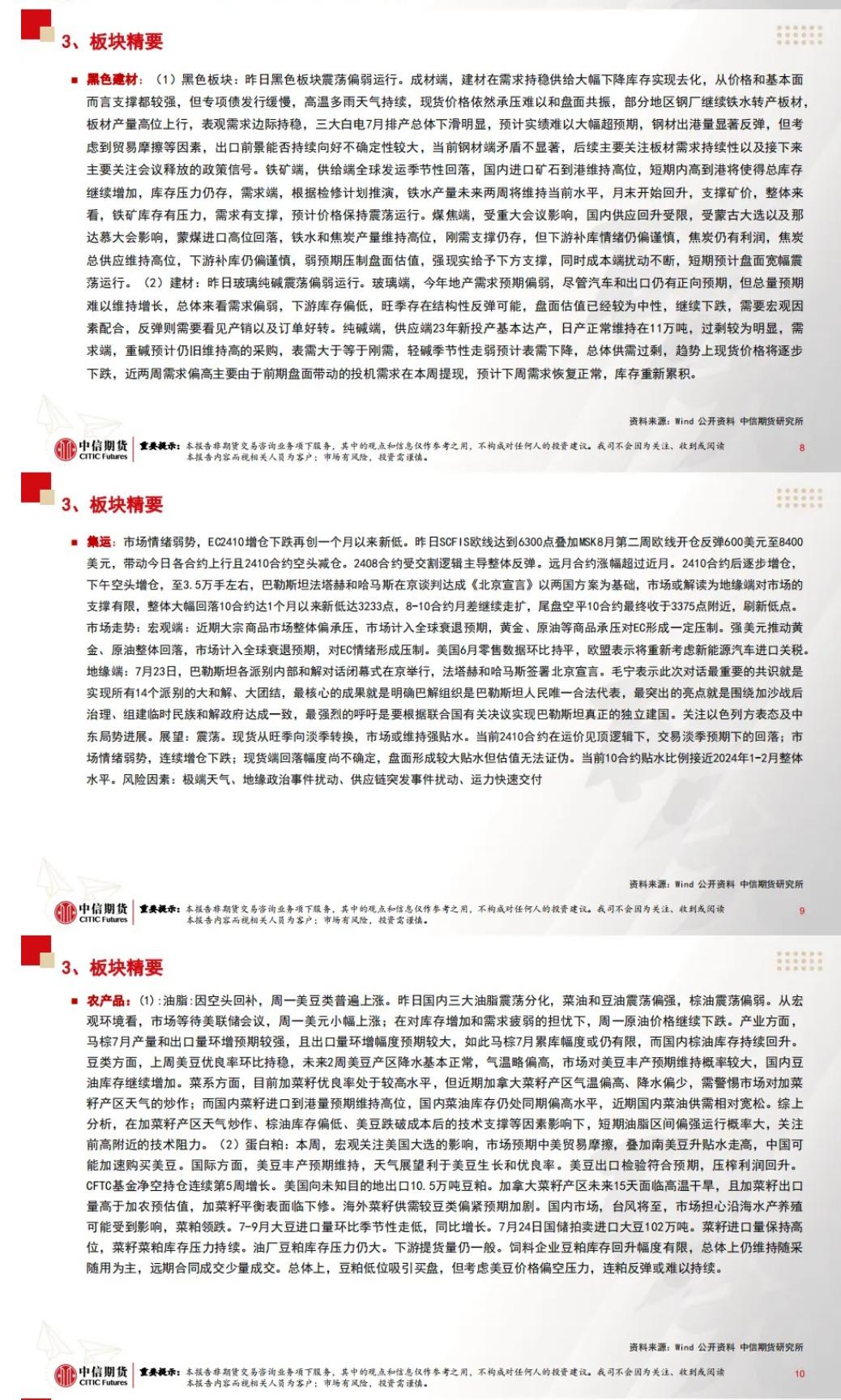中信期货7月24日晨报:市场情绪持续偏弱,多数品种出现下跌