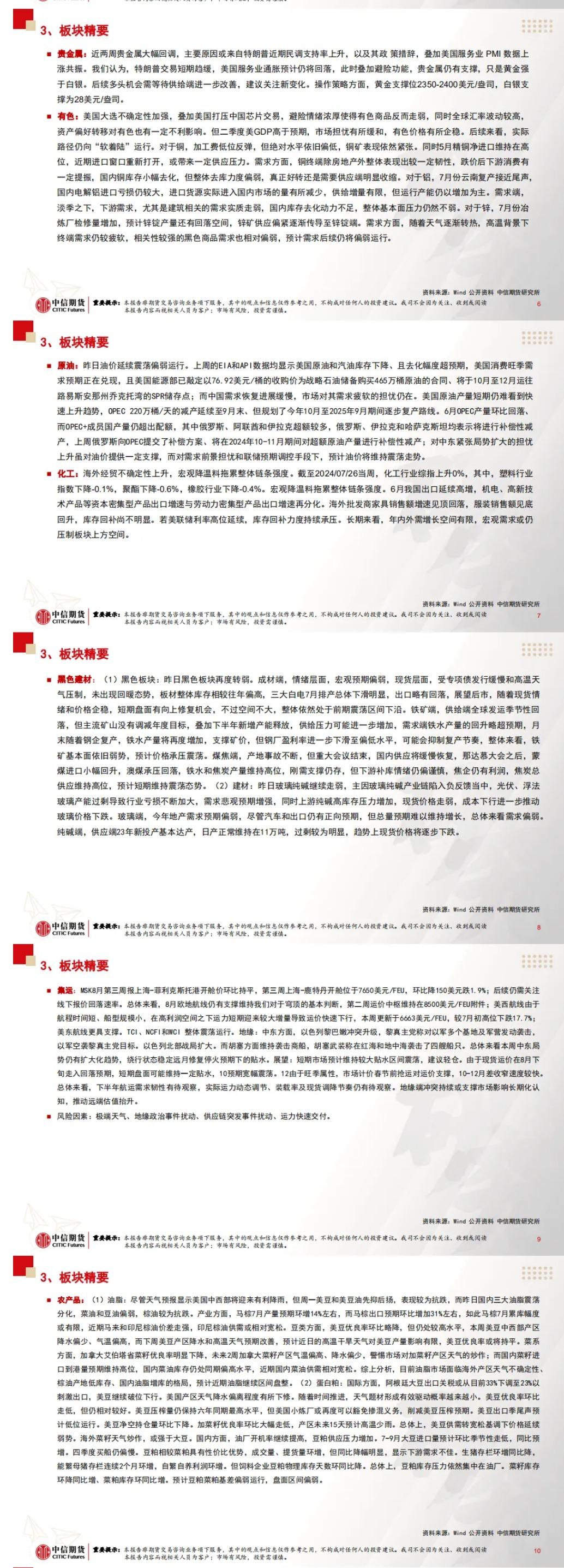 中信期货7月31日晨报:政治局会议指出国内需求不足,黑色板块走弱