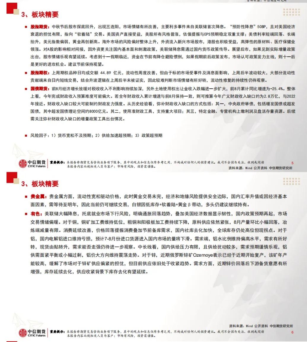 中信期货9月23日晨报：美联储降息提振“软着陆” 预期，有色贵金属多头建议继续持有